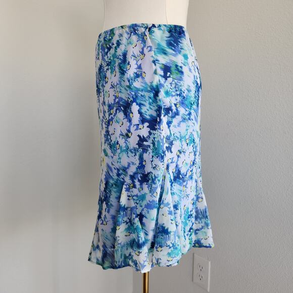Vintage Karin Stevens Y2K Blue Abstract Print Midi Skirt Flared Panels L - Picture 4 of 7